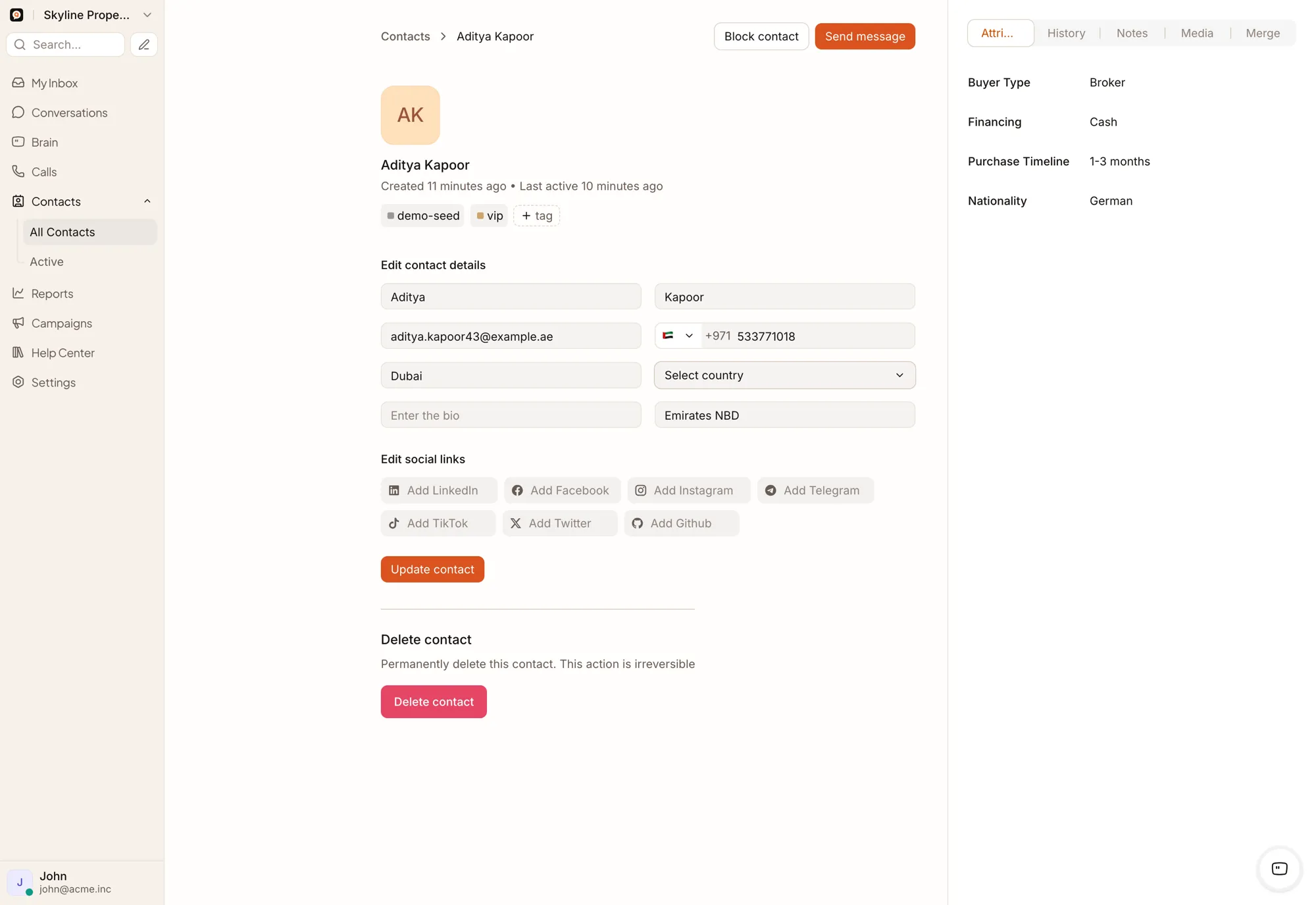 QualiBot contact detail with lead record