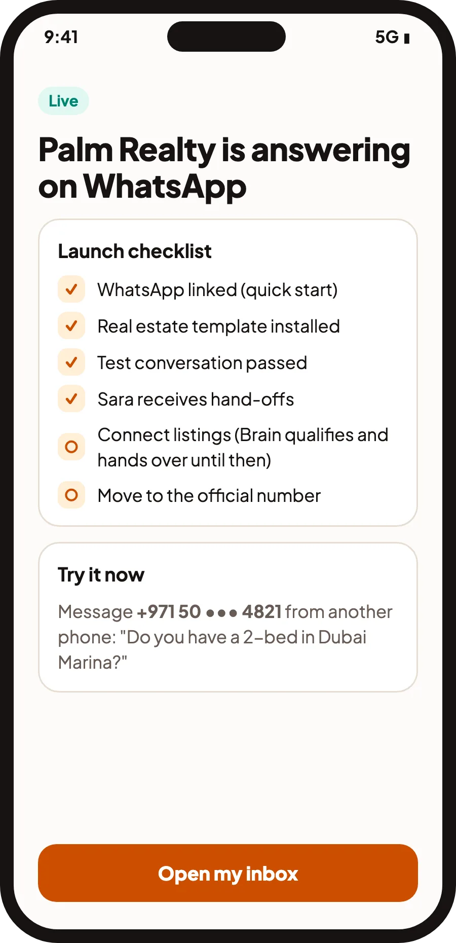 QualiBot mobile launch checklist showing a real estate agency live on WhatsApp