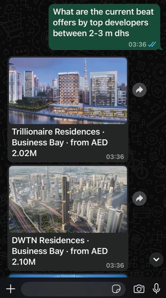 Brain answering a UAE buyer with matching off-plan project cards and brochures